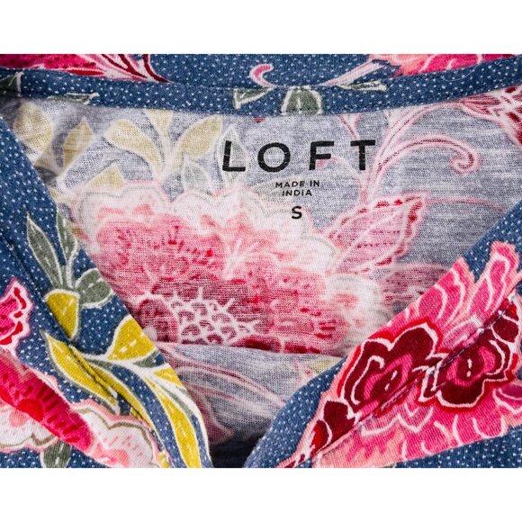 LOFT Womens Floral Print Short Sleeve Top Size Small Colorful Pink Blue Knit - Picture 2 of 5